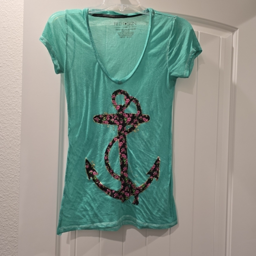 Fifth Sun Turquoise Floral Anchor Tee